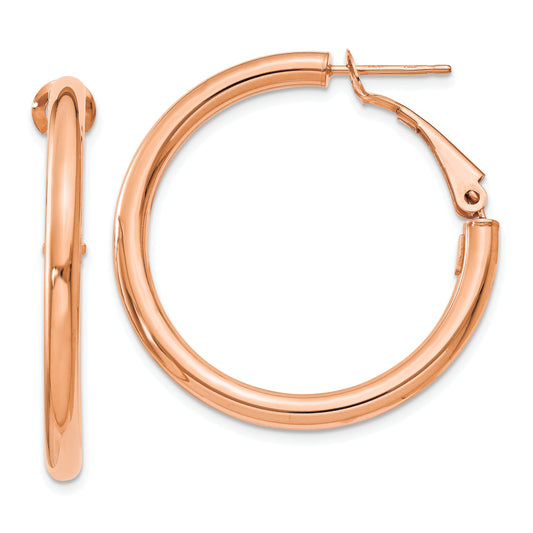 14K Rose Gold 3X25mm Polished Round Omega Back Hoop Earrings