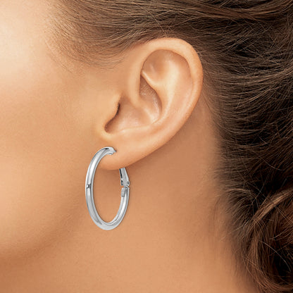 14K White Gold 3X25mm Polished Round Omega Back Hoop Earrings