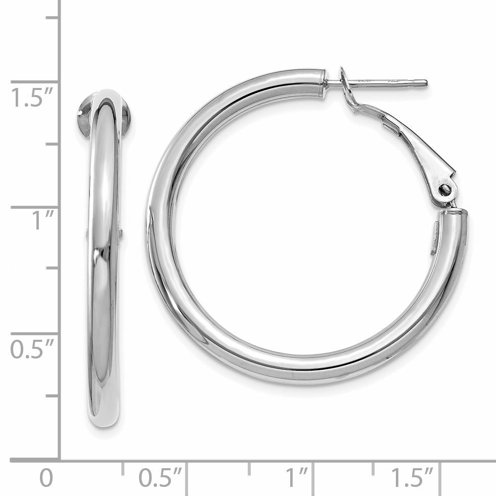 14K White Gold 3X25mm Polished Round Omega Back Hoop Earrings
