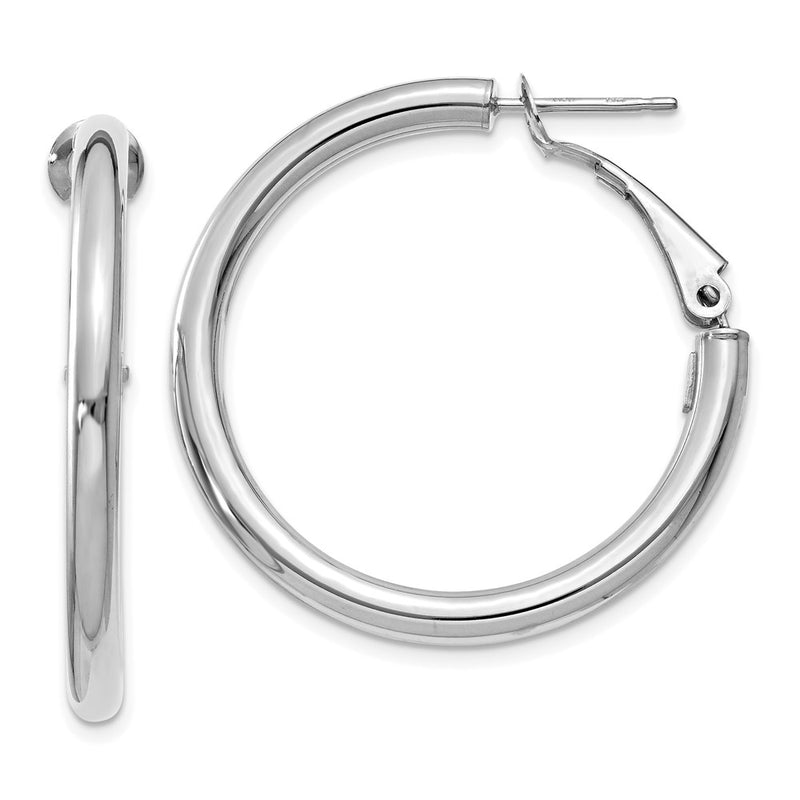 14K White Gold 3X25mm Polished Round Omega Back Hoop Earrings