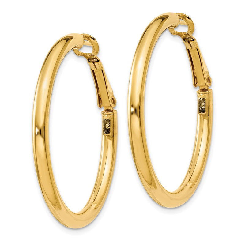 14K Yellow Gold 3X30mm Polished Round Omega Back Hoop Earrings