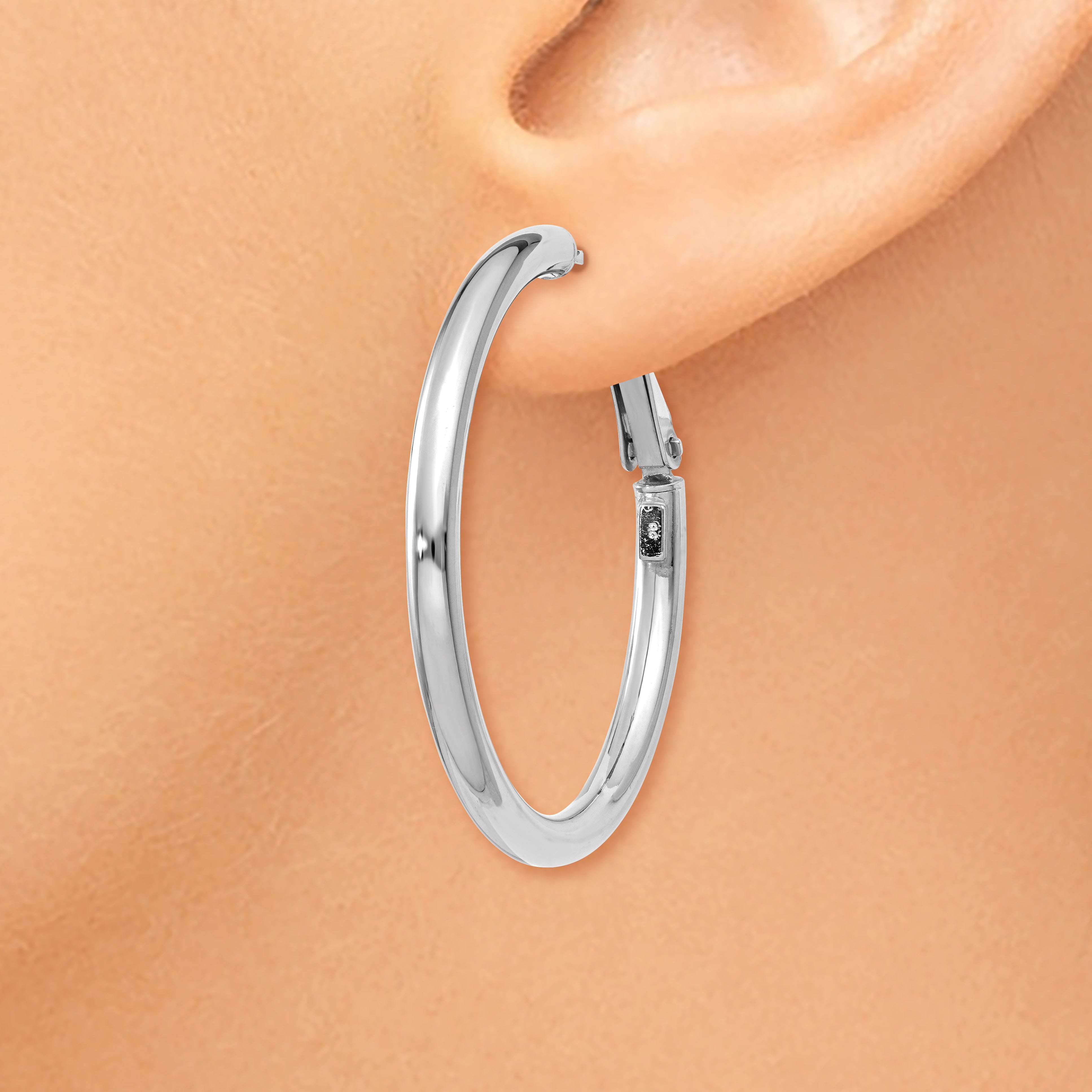 14K White Gold 3X30mm Polished Round Omega Back Hoop Earrings