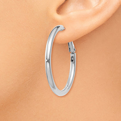 14K White Gold 3X30mm Polished Round Omega Back Hoop Earrings