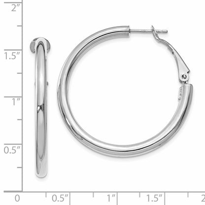 14K White Gold 3X30mm Polished Round Omega Back Hoop Earrings