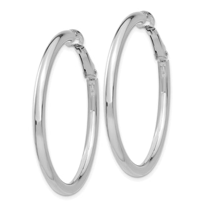 14K White Gold 3X35mm Polished Round Omega Back Hoop Earrings
