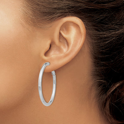 14K White Gold 3X35mm Polished Round Omega Back Hoop Earrings
