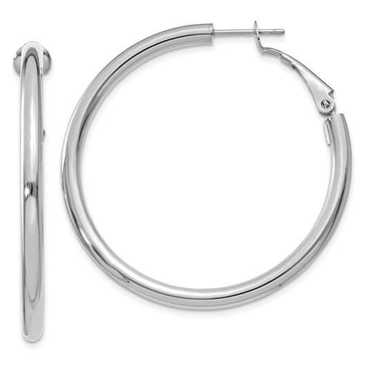14K White Gold 3X35mm Polished Round Omega Back Hoop Earrings