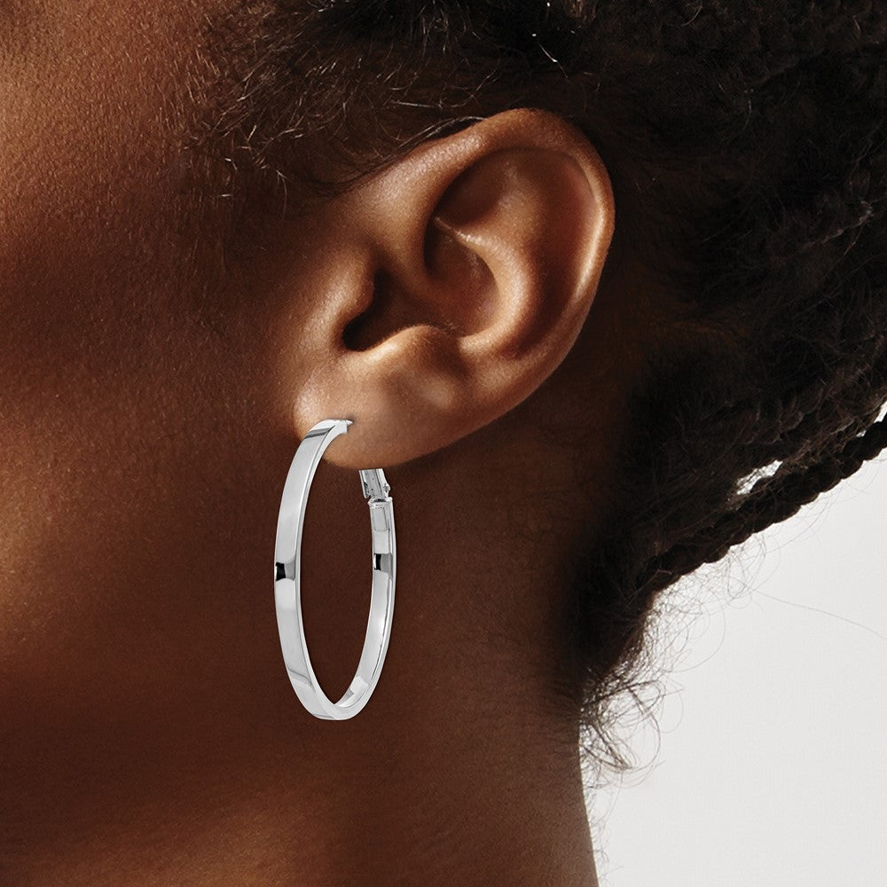 14K White Gold 3X37mm Polished Square Tube Round Hoop Earrings