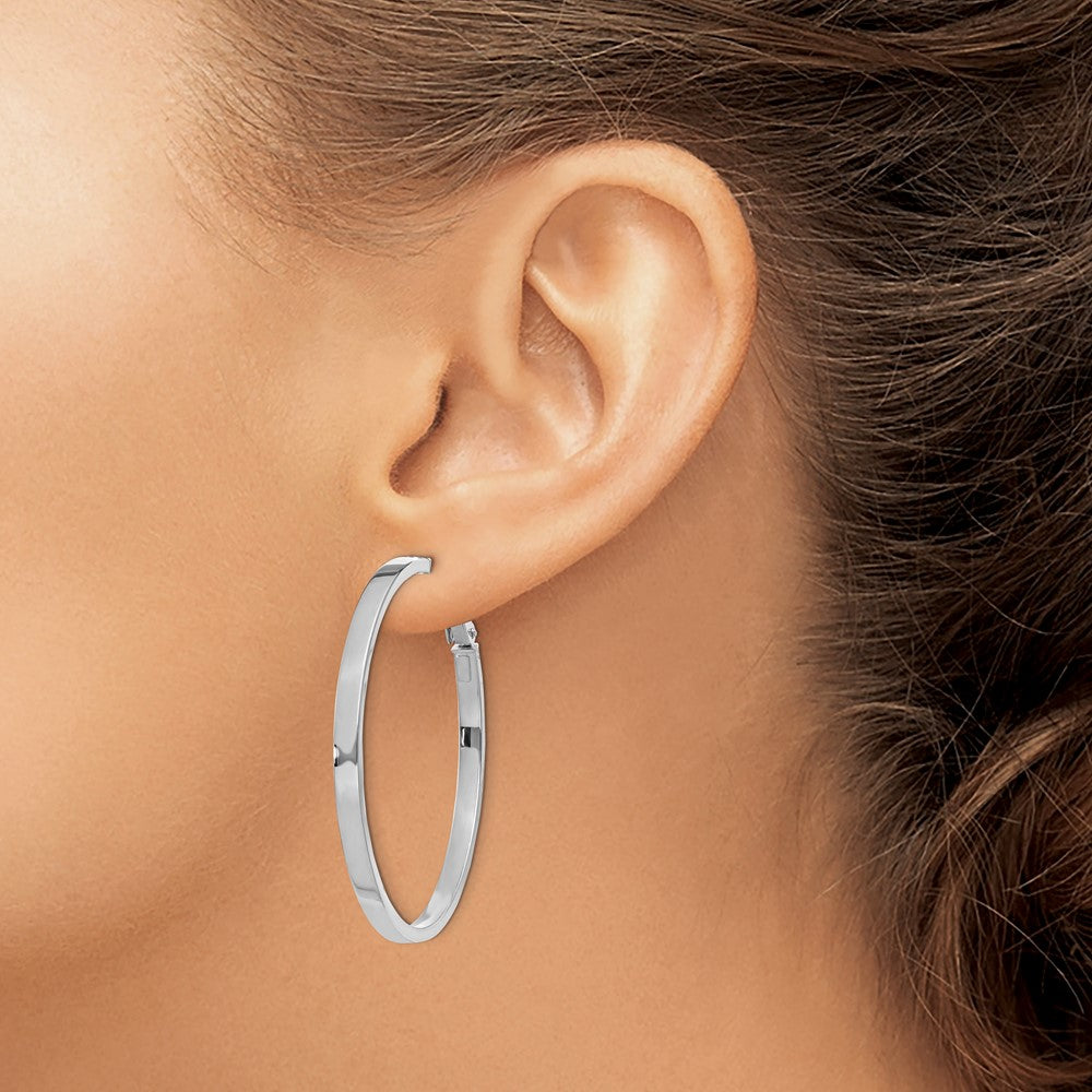 14K White Gold 3X40mm Polished Square Tube Round Hoop Earrings