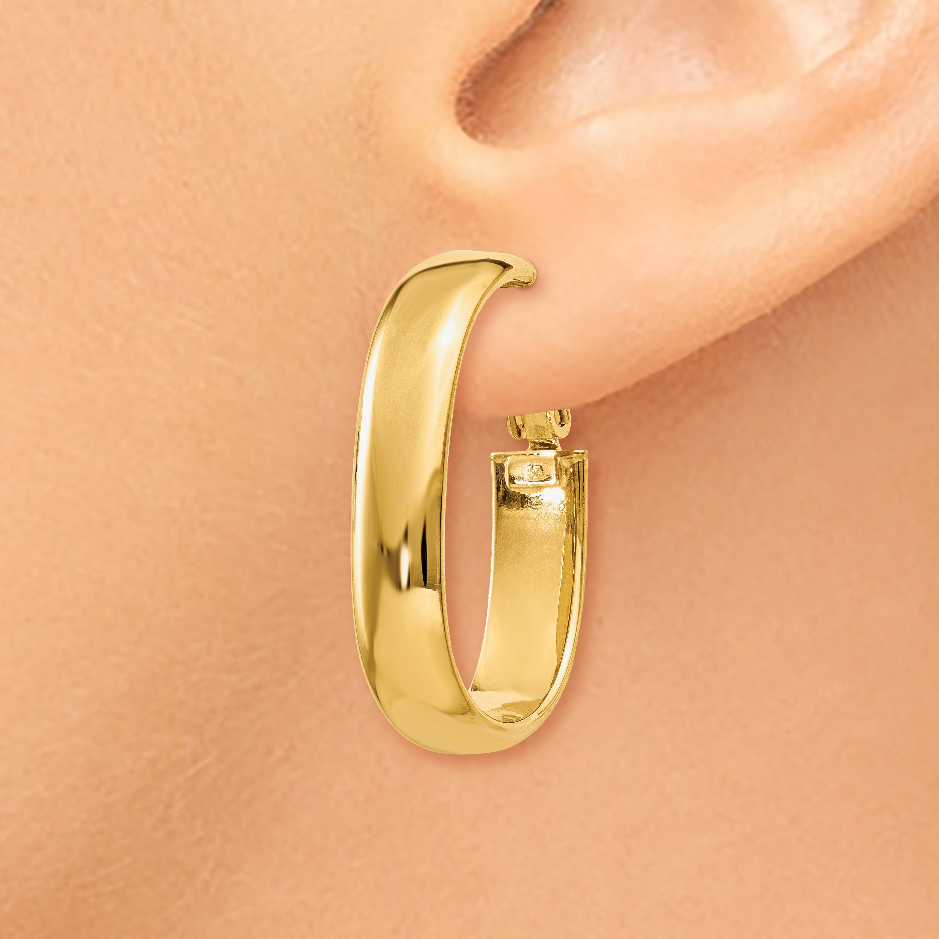 14K Yellow Gold 5.75mm Oval Omega Back Hoop Earrings
