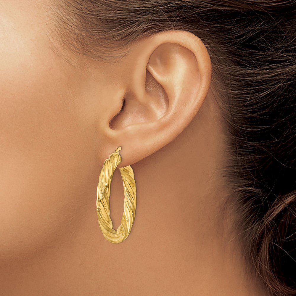 14K Yellow Gold 5mm Satin & Polished Twisted Hoop Earrings