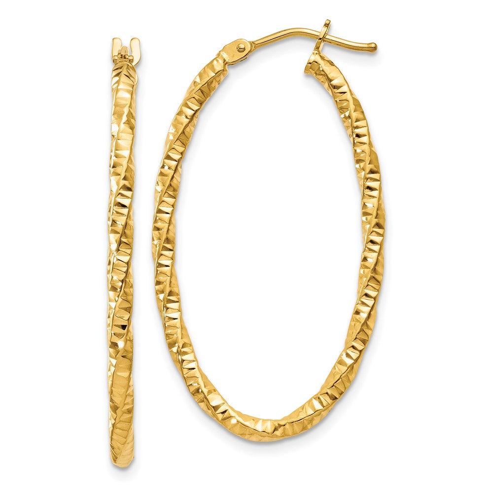 14K Yellow Gold 14Ky 2mm Diamond-Cut Oval Hoop Earrings