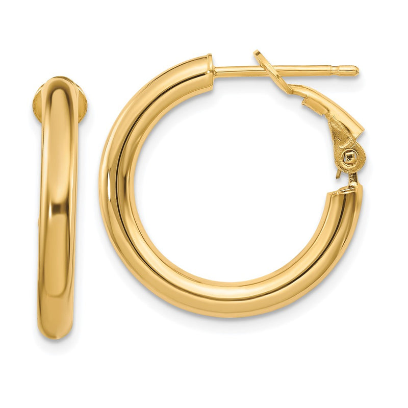 14K Yellow Gold 3X15mm Polished Round Omega Back Hoop Earrings