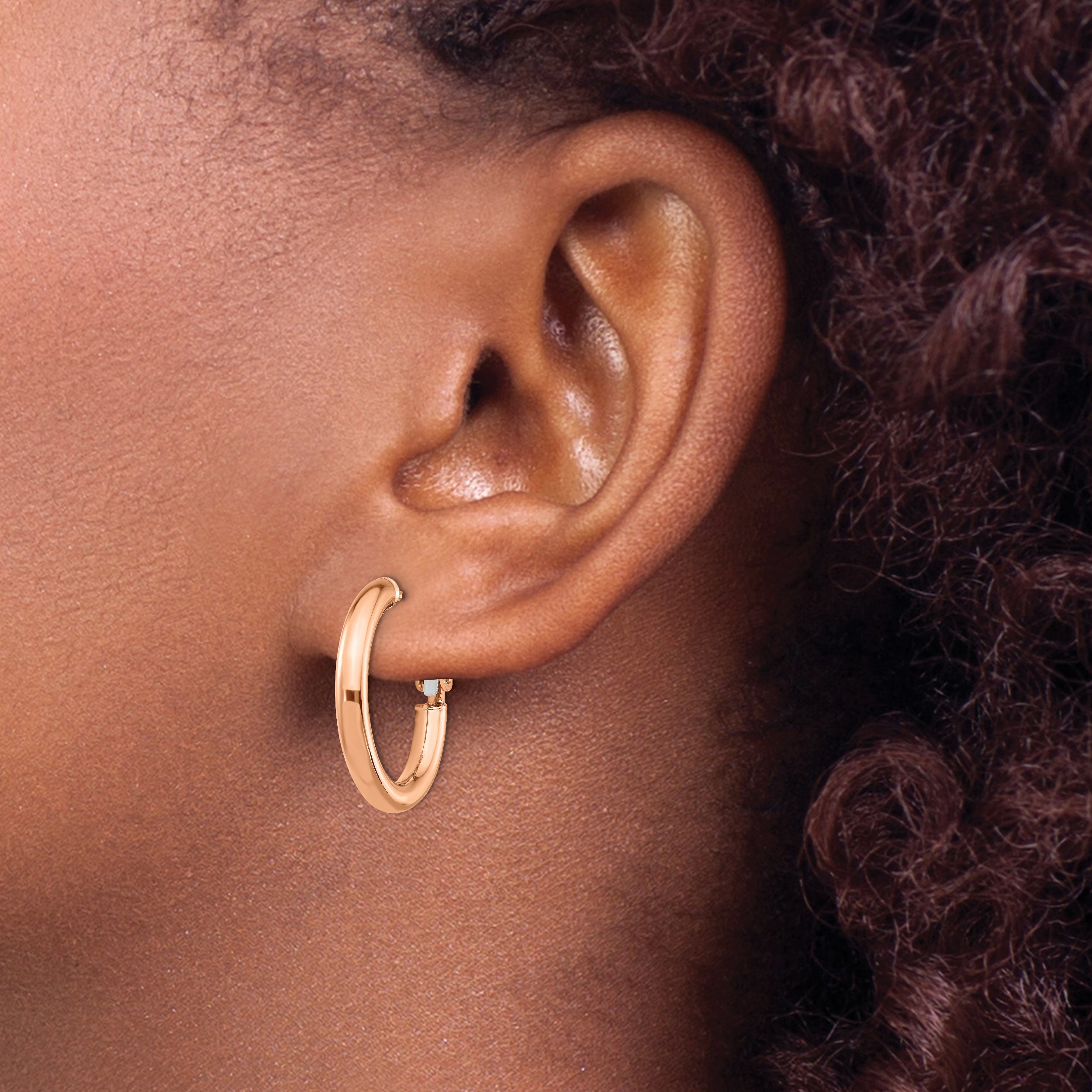 14K Rose Gold 3X15mm Polished Round Omega Back Hoop Earrings
