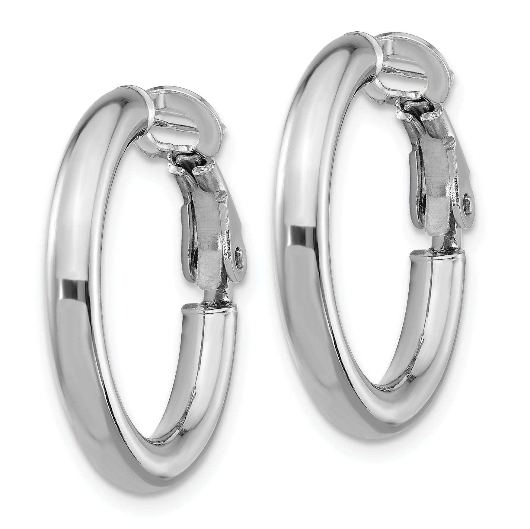 14K White Gold 3X15mm Polished Round Omega Back Hoop Earrings