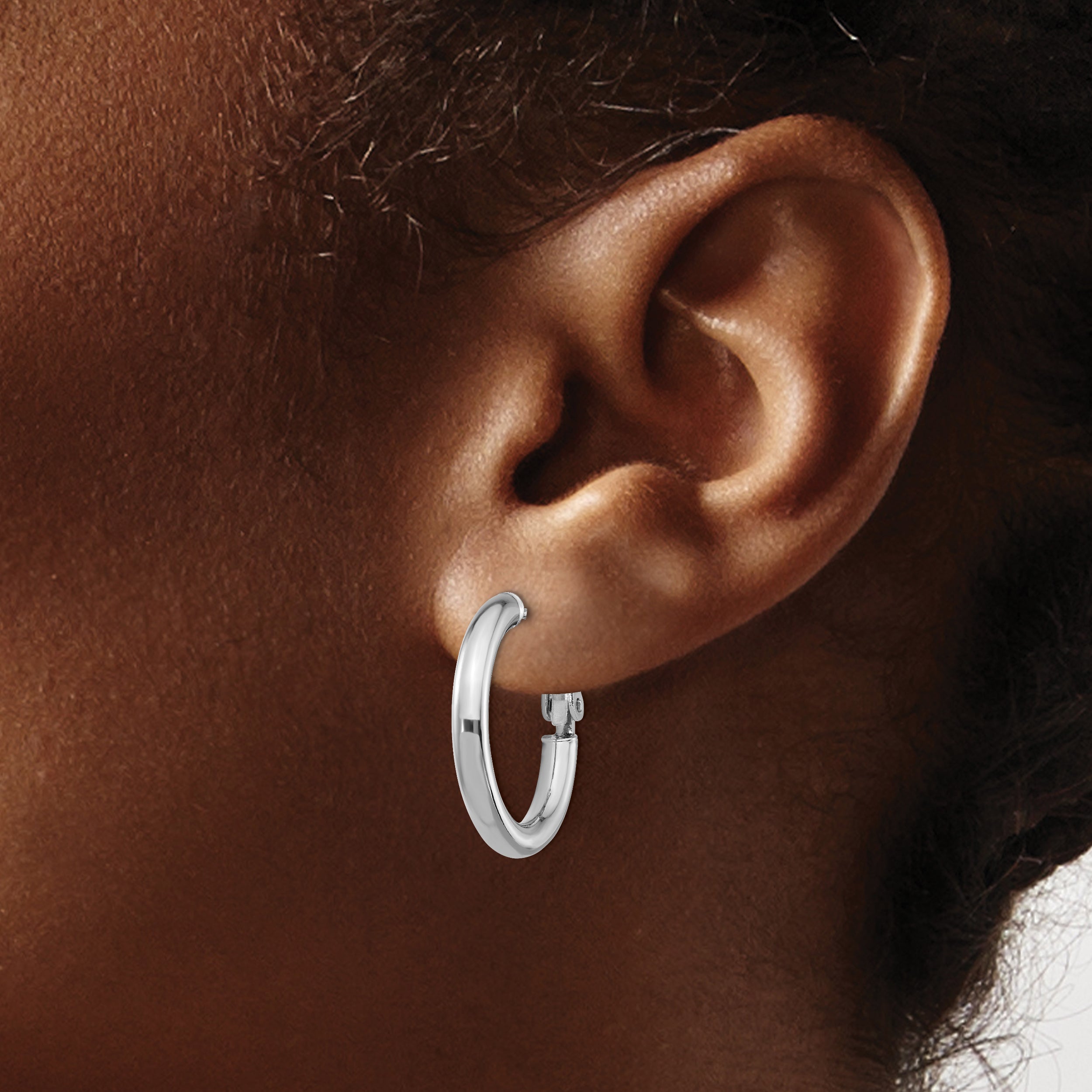 14K White Gold 3X15mm Polished Round Omega Back Hoop Earrings