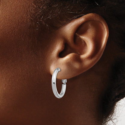 14K White Gold 3X15mm Polished Round Omega Back Hoop Earrings