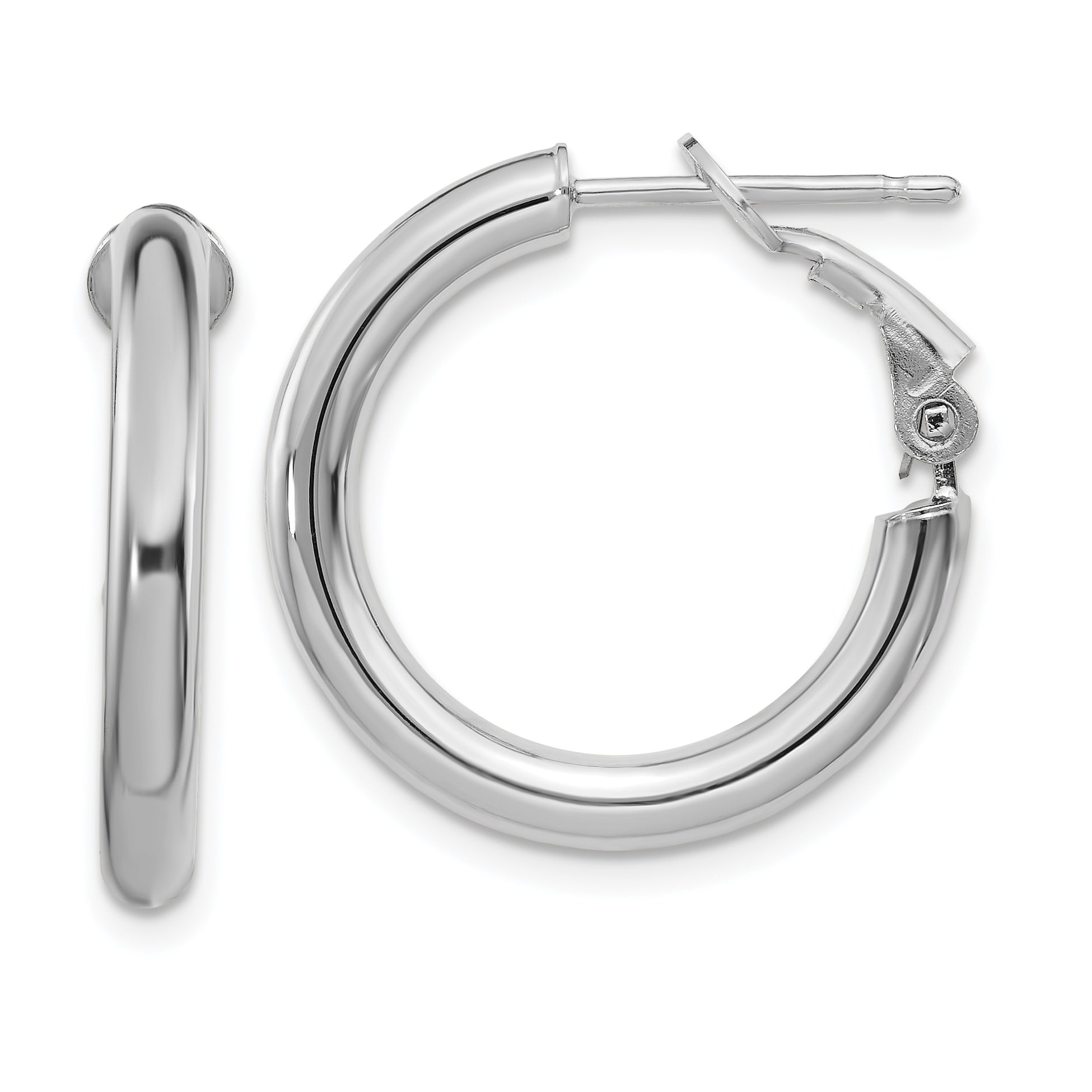 14K White Gold 3X15mm Polished Round Omega Back Hoop Earrings