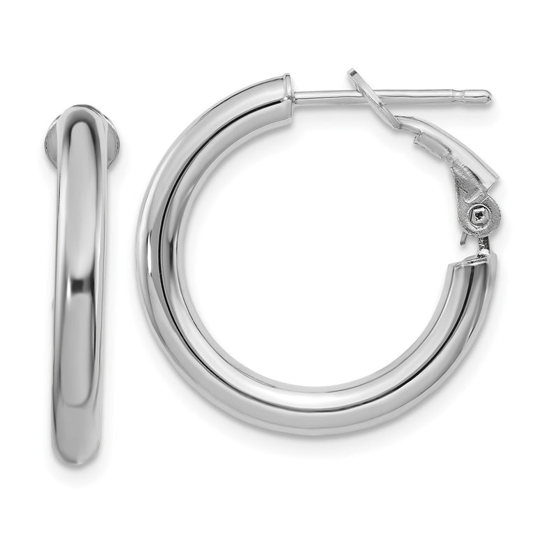 14K White Gold 3X15mm Polished Round Omega Back Hoop Earrings