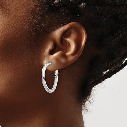 14K White Gold 3X20mm Polished Round Omega Back Hoop Earrings