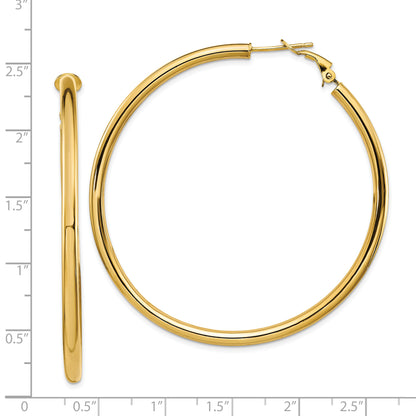 14K Yellow Gold 3X50mm Polished Round Omega Back Hoop Earrings