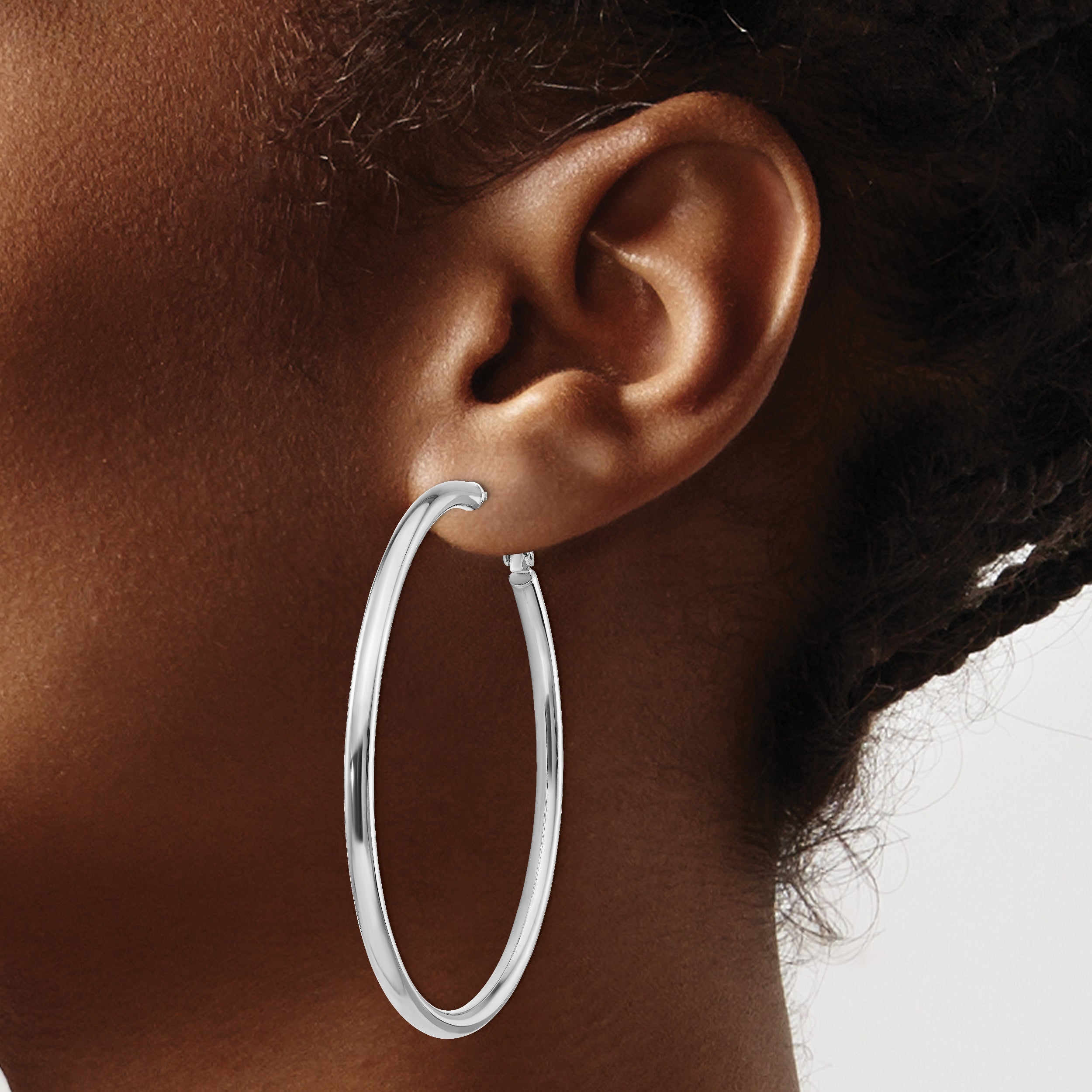 14K White Gold 3X50mm Polished Round Omega Back Hoop Earrings