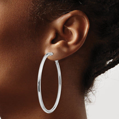 14K White Gold 3X50mm Polished Round Omega Back Hoop Earrings