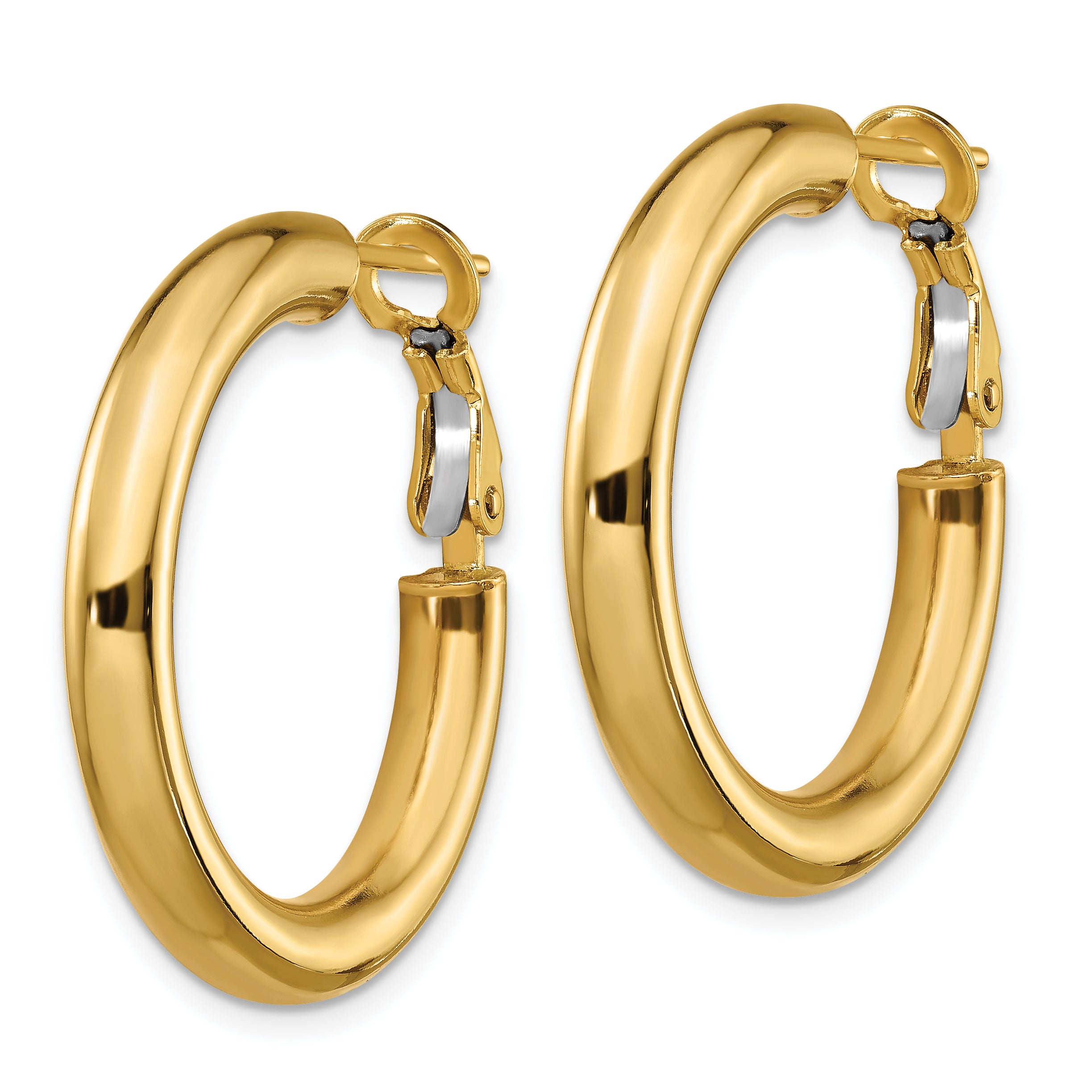 14K Yellow Gold 4X20mm Polished Round Omega Back Hoop Earrings