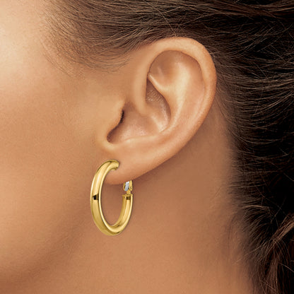 14K Yellow Gold 4X20mm Polished Round Omega Back Hoop Earrings