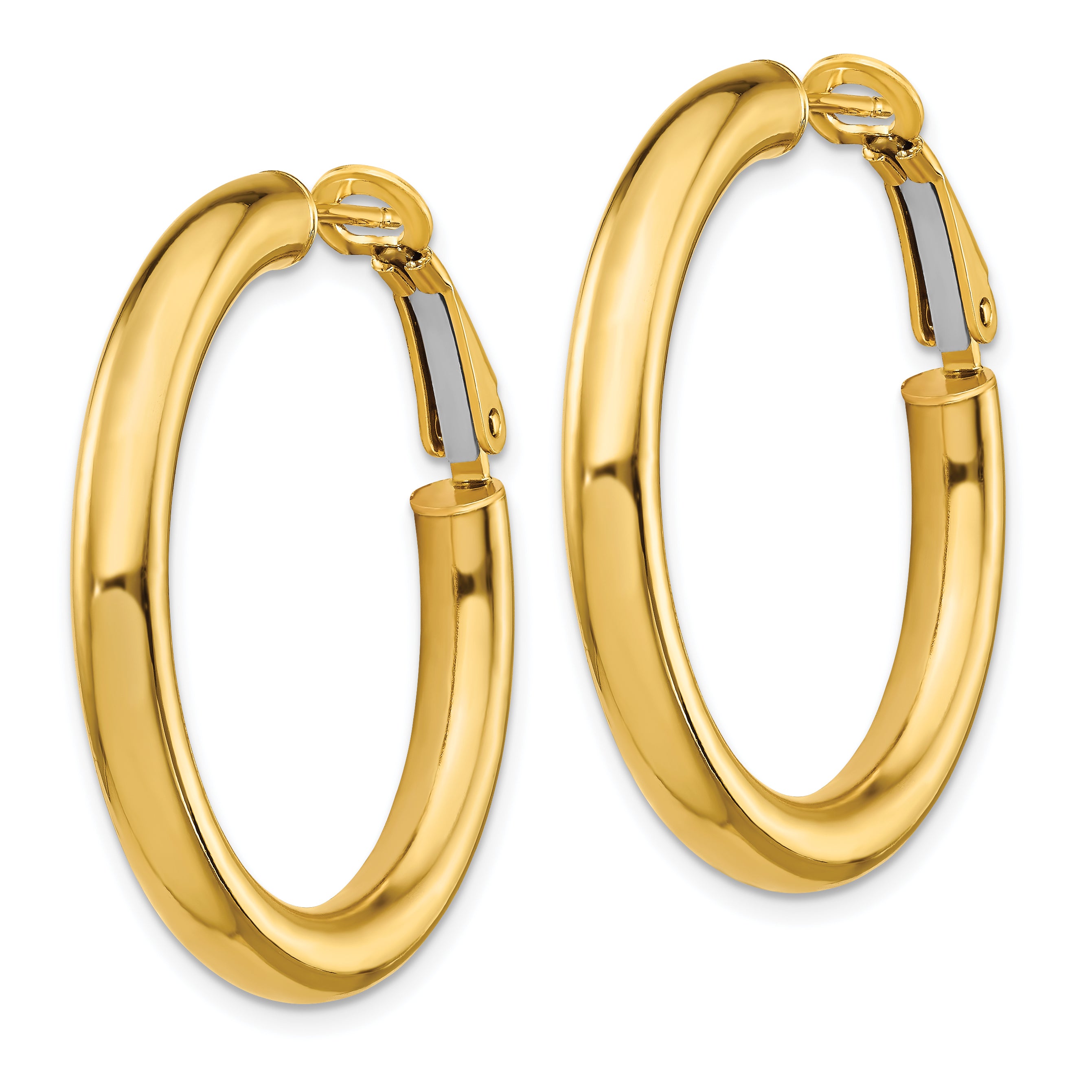 14K Yellow Gold 4X25mm Polished Round Omega Back Hoop Earrings