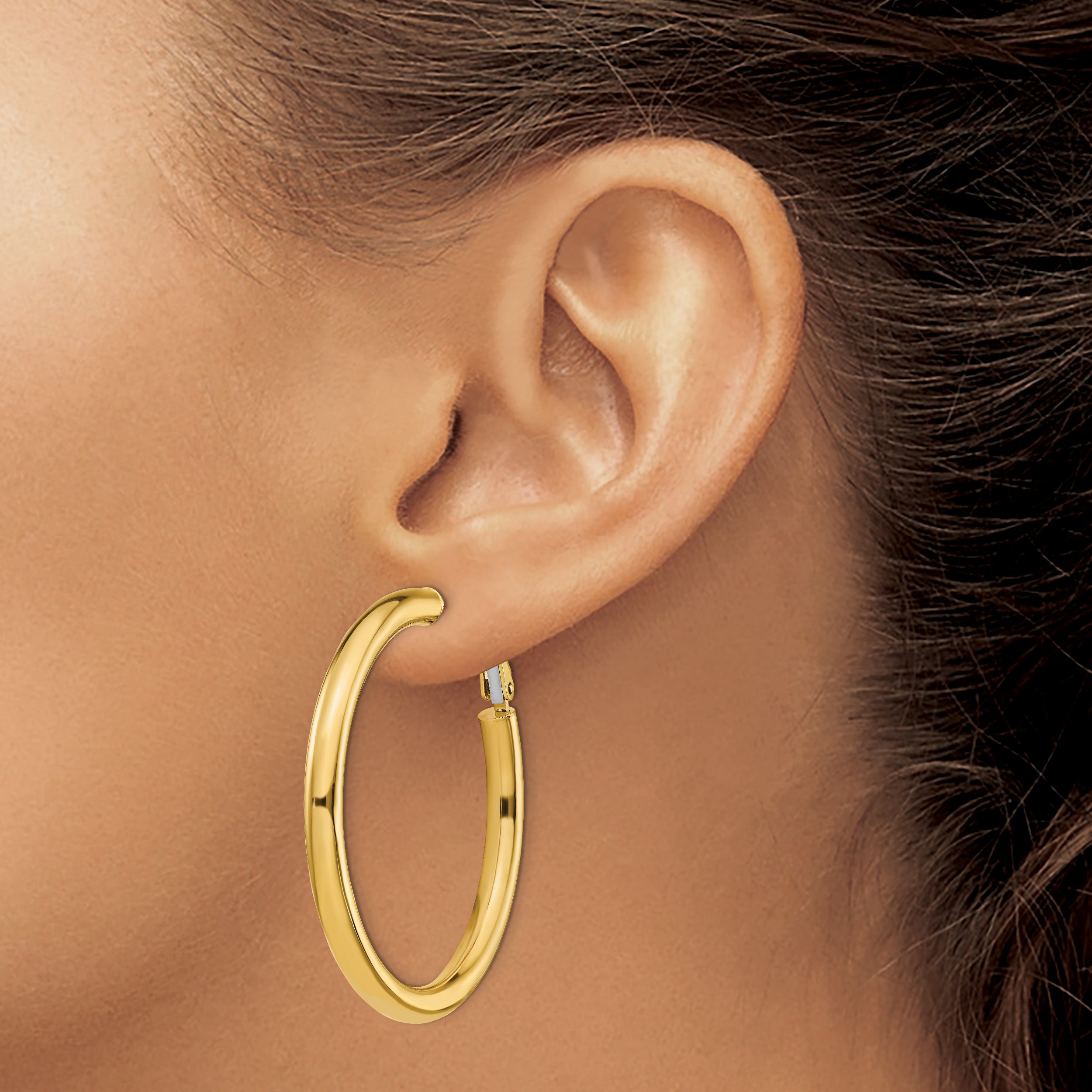 14K Yellow Gold 4X35mm Polished Round Omega Back Hoop Earrings