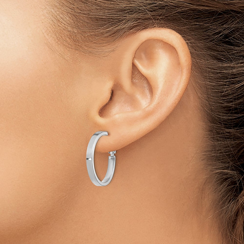 14K White Gold 3X20mm Polished Square Tube Round Hoop Earrings