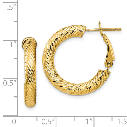 14K Yellow Gold 4X15mm Diamond-Cut Round Omega Back Hoop Earrings