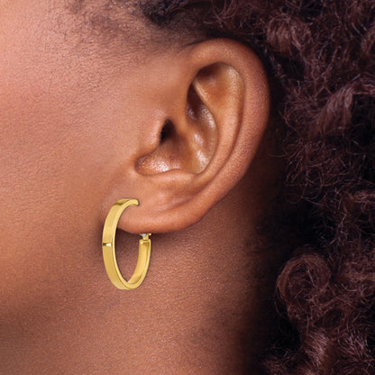 14K Yellow Gold 4X25mm Diamond-Cut Round Omega Back Hoop Earrings