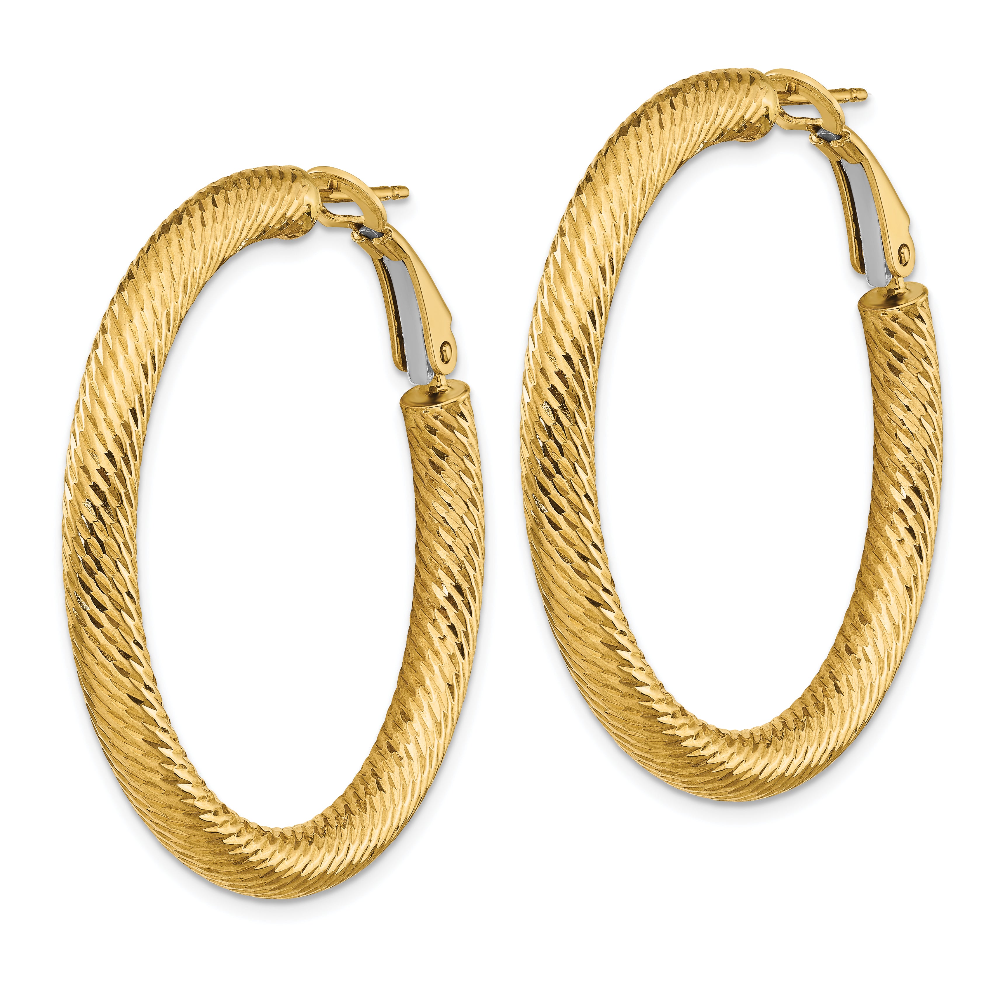 14K Yellow Gold 4X30mm Diamond-Cut Round Omega Back Hoop Earrings