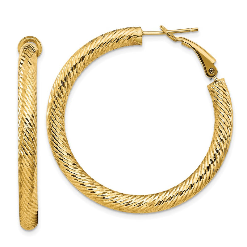 14K Yellow Gold 4X30mm Diamond-Cut Round Omega Back Hoop Earrings