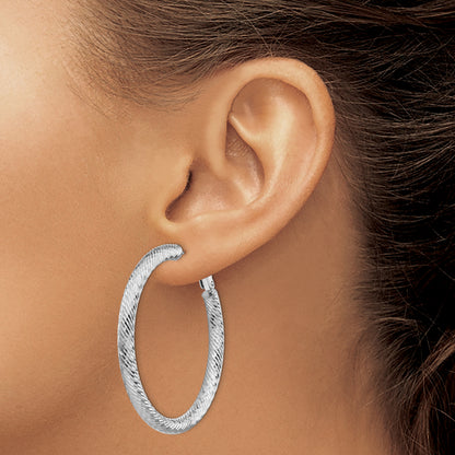 14K White Gold 4X35mm Diamond-Cut Round Omega Back Hoop Earrings