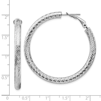 14K White Gold 4X35mm Diamond-Cut Round Omega Back Hoop Earrings