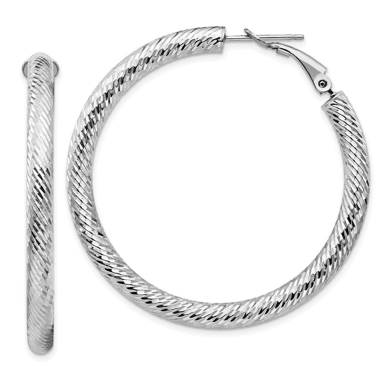 14K White Gold 4X35mm Diamond-Cut Round Omega Back Hoop Earrings