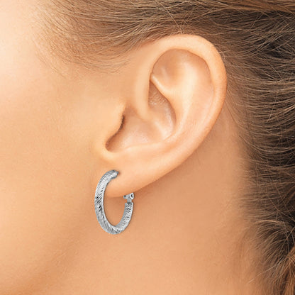 14K White Gold 3X15mm Diamond-Cut Round Omega Back Hoop Earrings