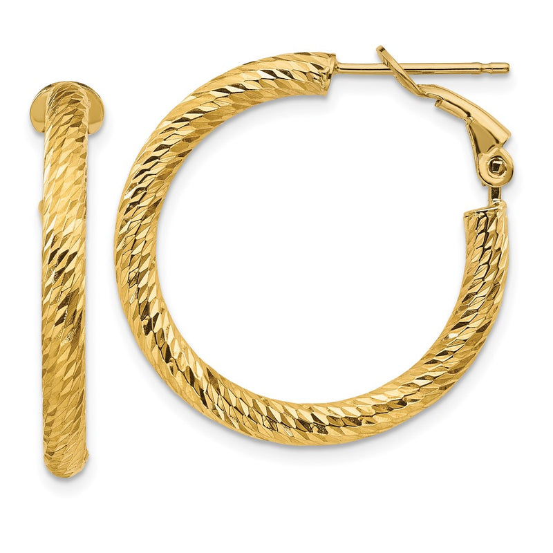 14K Yellow Gold 3X20mm Diamond-Cut Round Omega Back Hoop Earrings