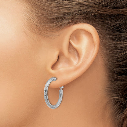14K White Gold 3X20mm Diamond-Cut Round Omega Back Hoop Earrings