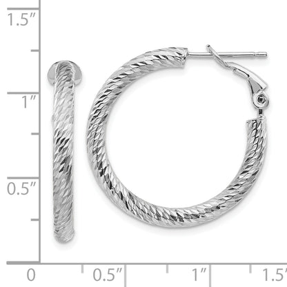 14K White Gold 3X20mm Diamond-Cut Round Omega Back Hoop Earrings