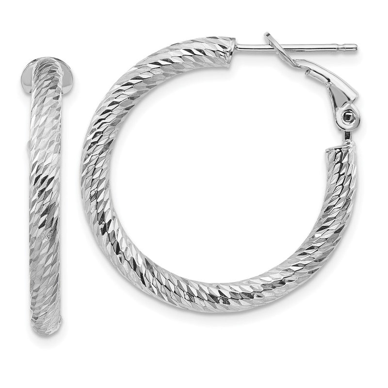 14K White Gold 3X20mm Diamond-Cut Round Omega Back Hoop Earrings