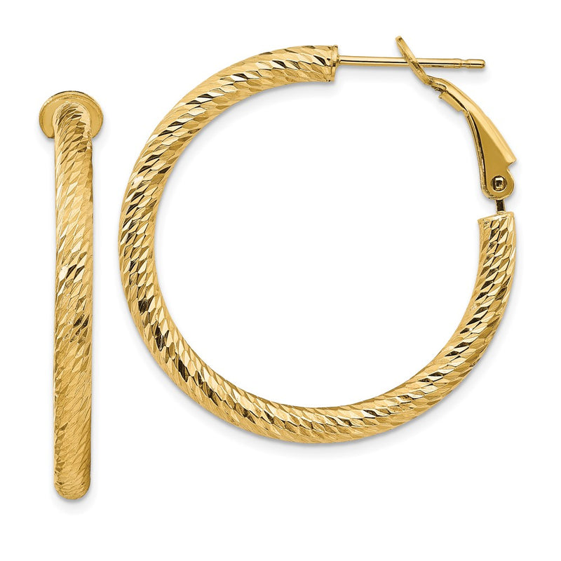 14K Yellow Gold 3X25mm Diamond-Cut Round Omega Back Hoop Earrings