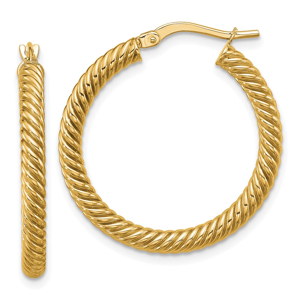 14K Yellow Gold 3X20mm Twisted Round Hoop Earrings