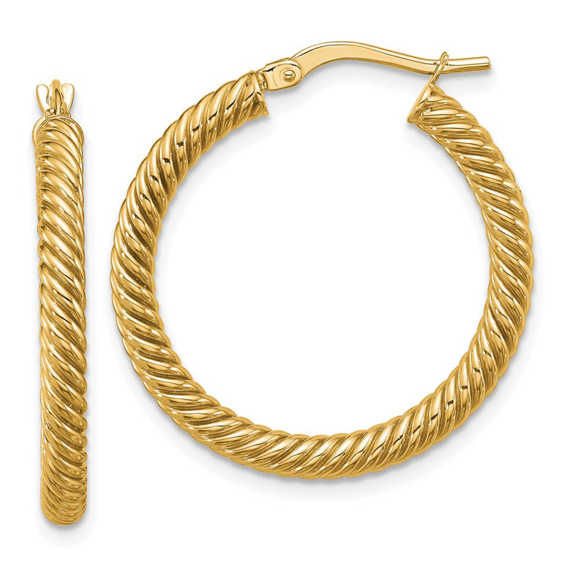 14K Yellow Gold 3X20mm Twisted Round Hoop Earrings