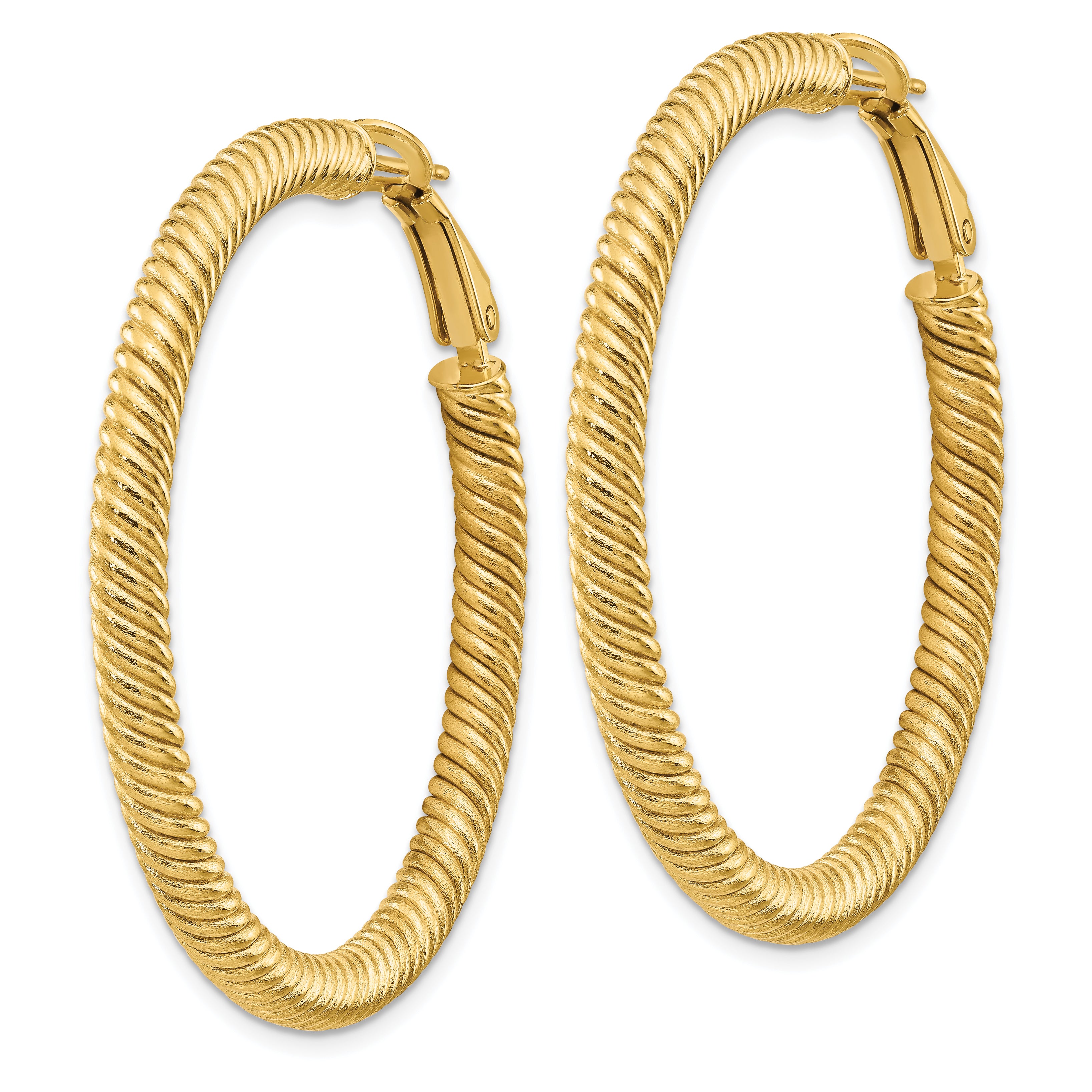 14K Yellow Gold 4X35mm Twisted Round Omega Back Hoop Earrings