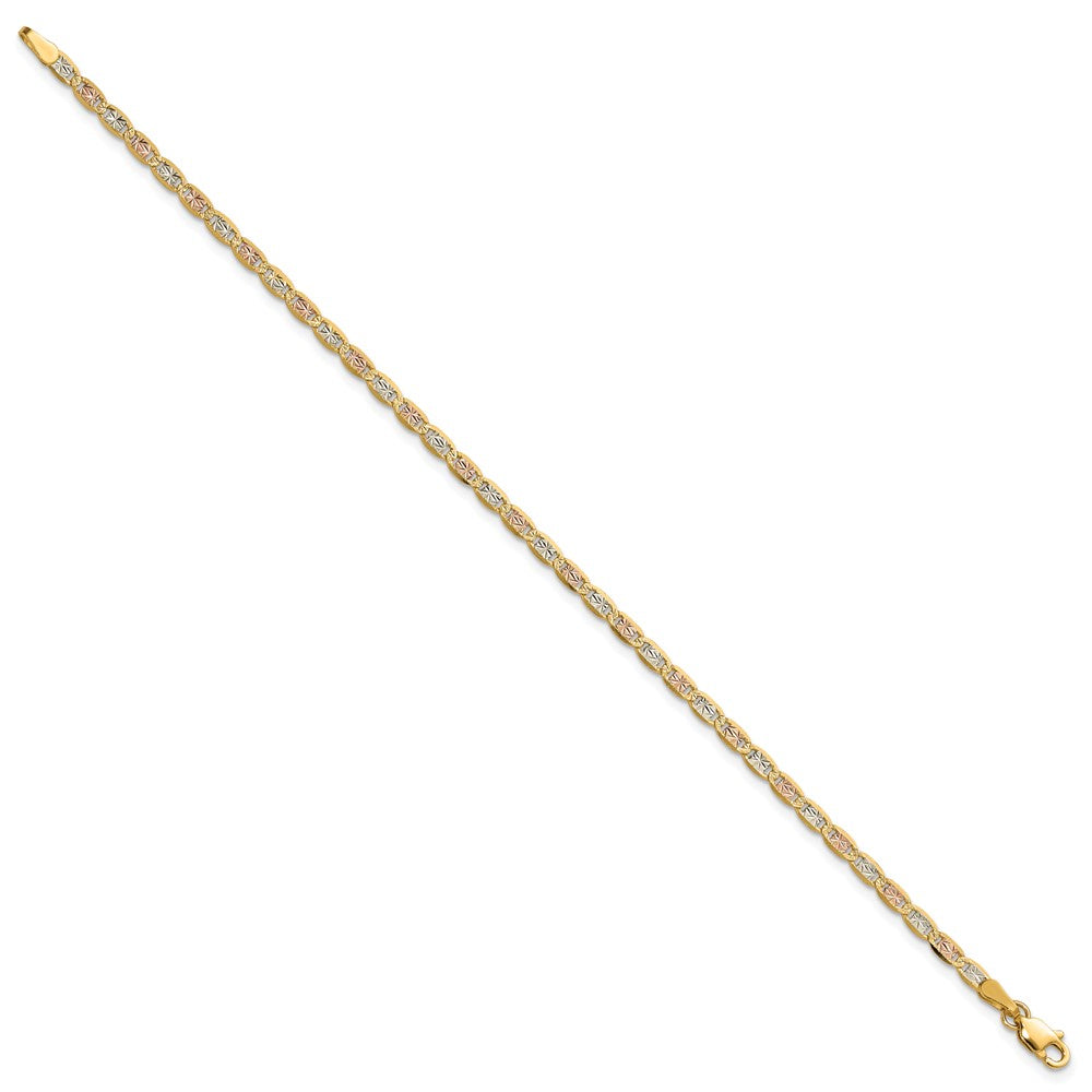 14K Tri-Color 2.75mm Pav Valentino With Lobster Clasp Chain Bracelet