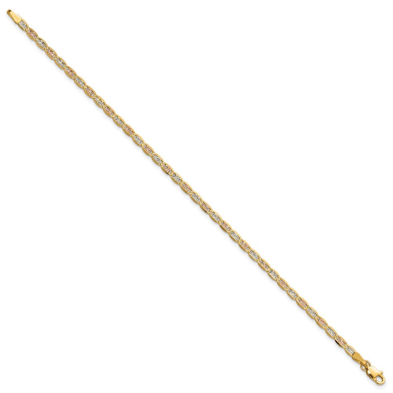 14K Tri-Color 2.75mm Pav Valentino With Lobster Clasp Chain Bracelet